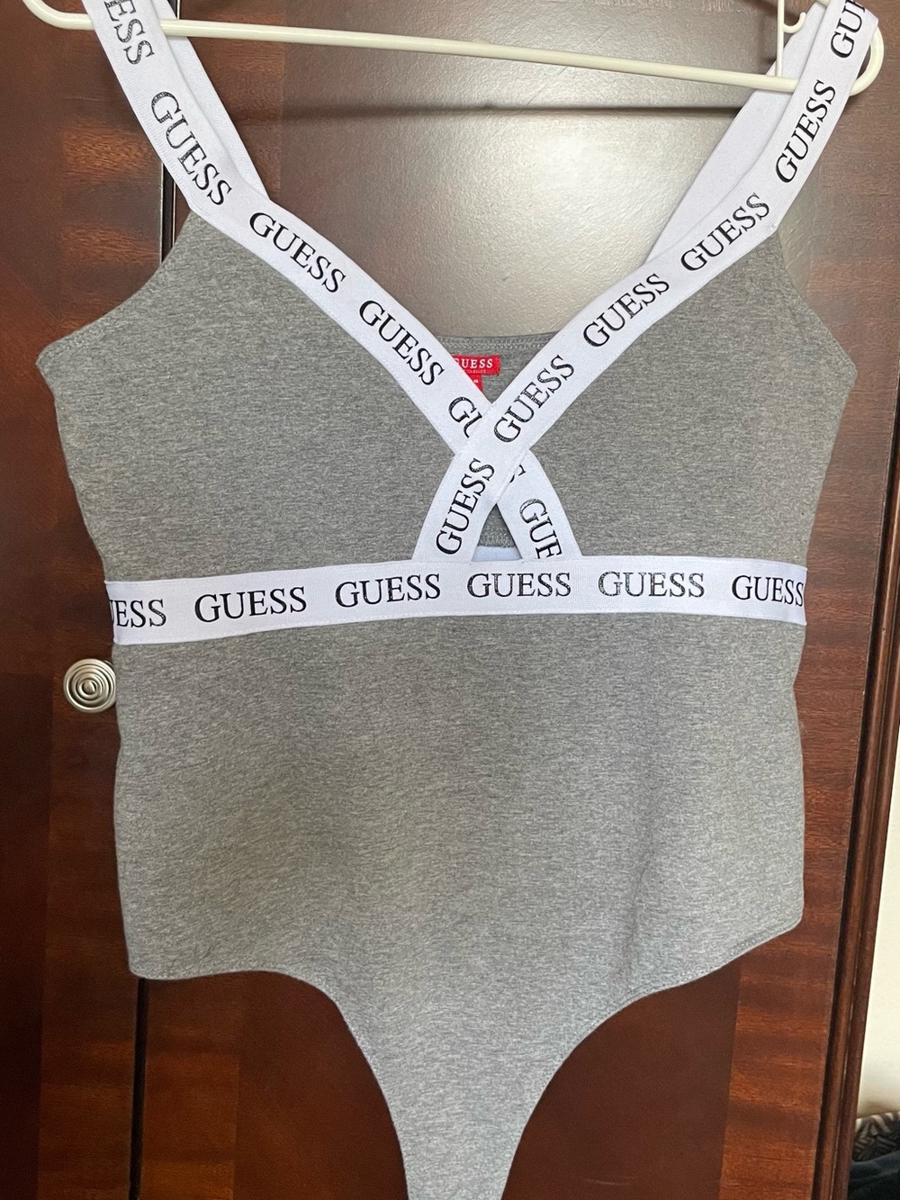 GUESS Gray Logo-Trim Stretch Bodysuit with White Branded Straps